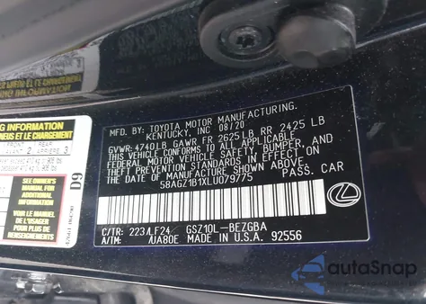 2020 Lexus Es 350 F Sport из США, поврежденный, VIN 58AGZ1B1XLU079775